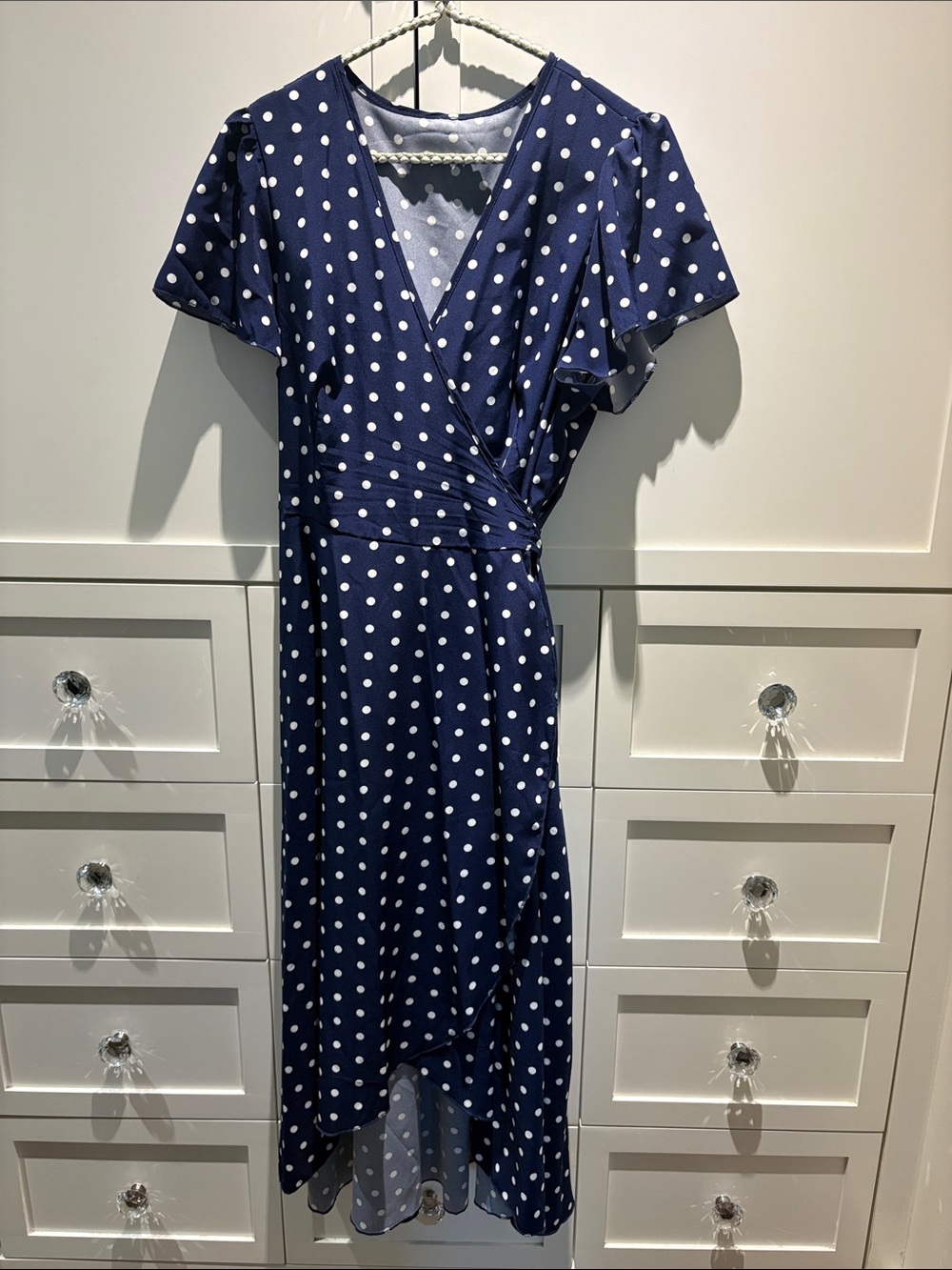SHEIN Navy and White Polka Dot High-Low Wrap Dress